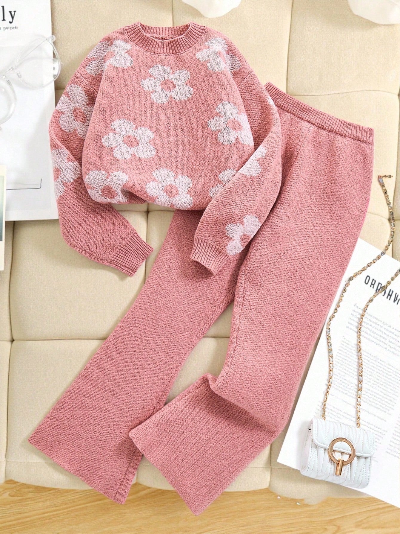 Floral Jacquard Oversized Pullover Sweater And Wide Leg Pants Dusty Pink
