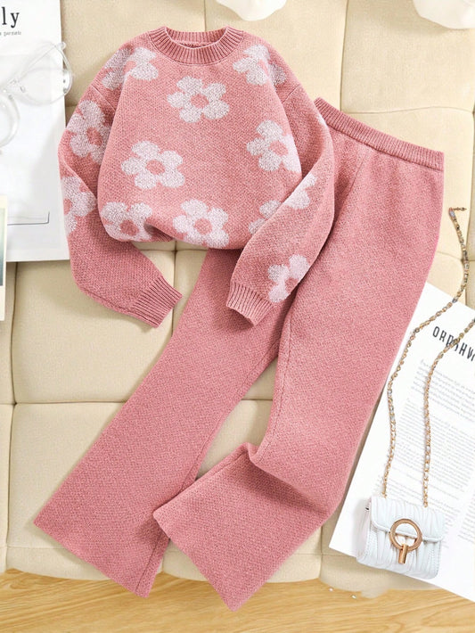 Floral Jacquard Oversized Pullover Sweater And Wide Leg Pants Dusty Pink