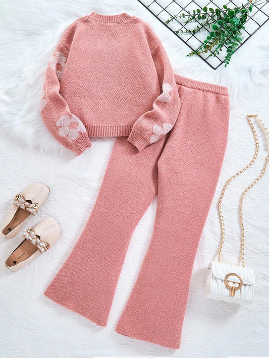 Floral Jacquard Oversized Pullover Sweater And Wide Leg Pants