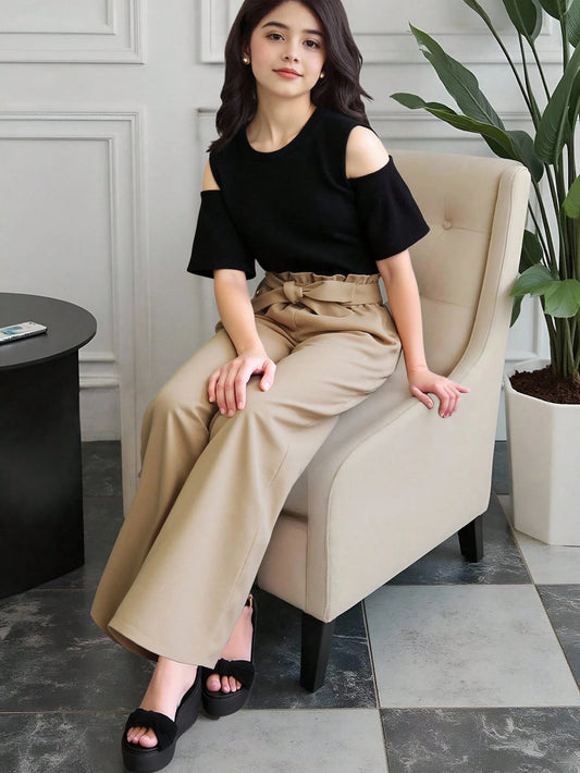 Tween Girl Cold Shoulder Tee & Paperbag Waist Belted Pants