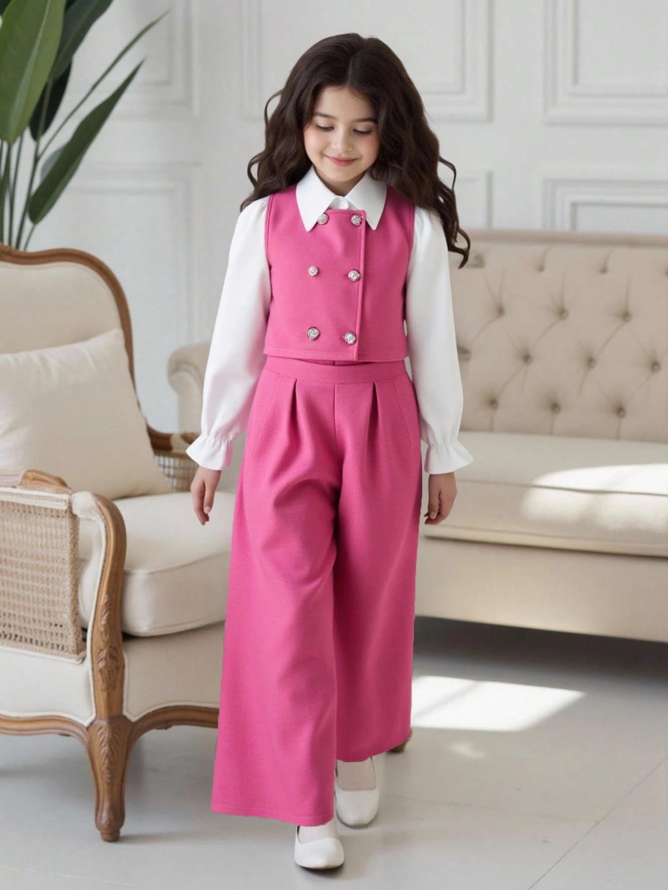 3pcs Tween Girl Outfit : Collared Shirt + Cardigan Vest + Pants Set Coral Pink