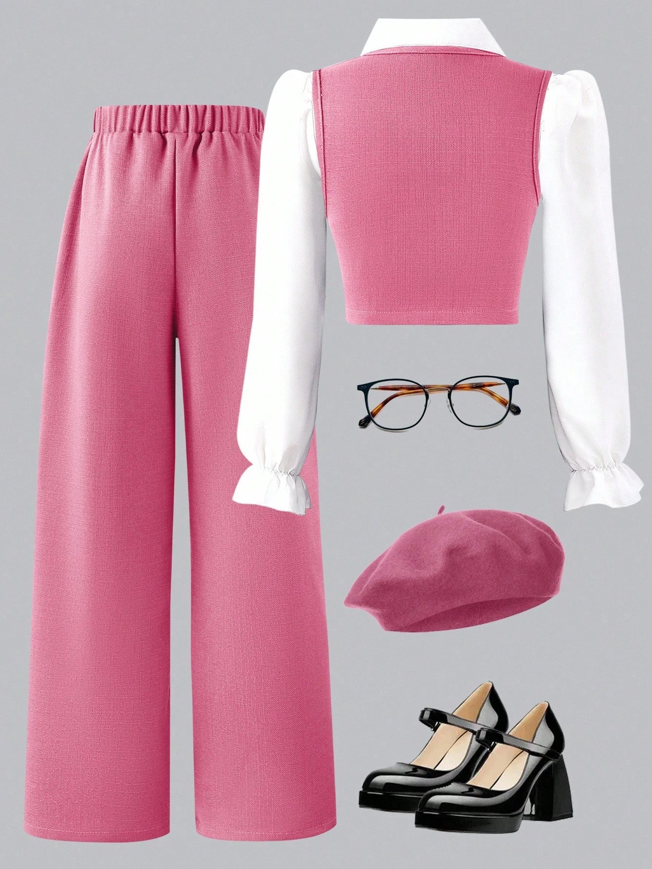 Tween Girl Flare Sleeve Collared Shirt + Cardigan Vest + Pants