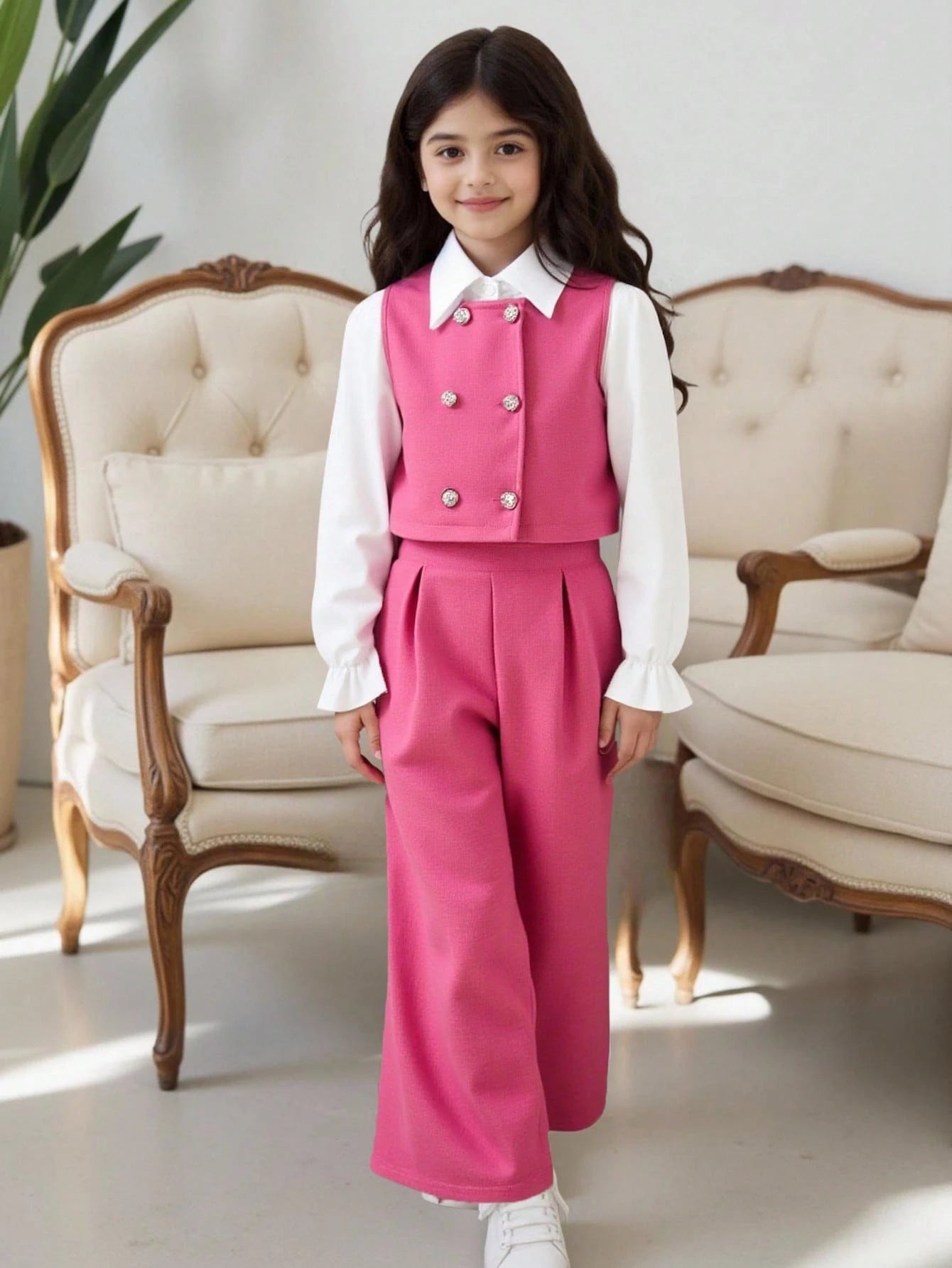Tween Girl Flare Sleeve Collared Shirt + Cardigan Vest + Pants Coral Pink