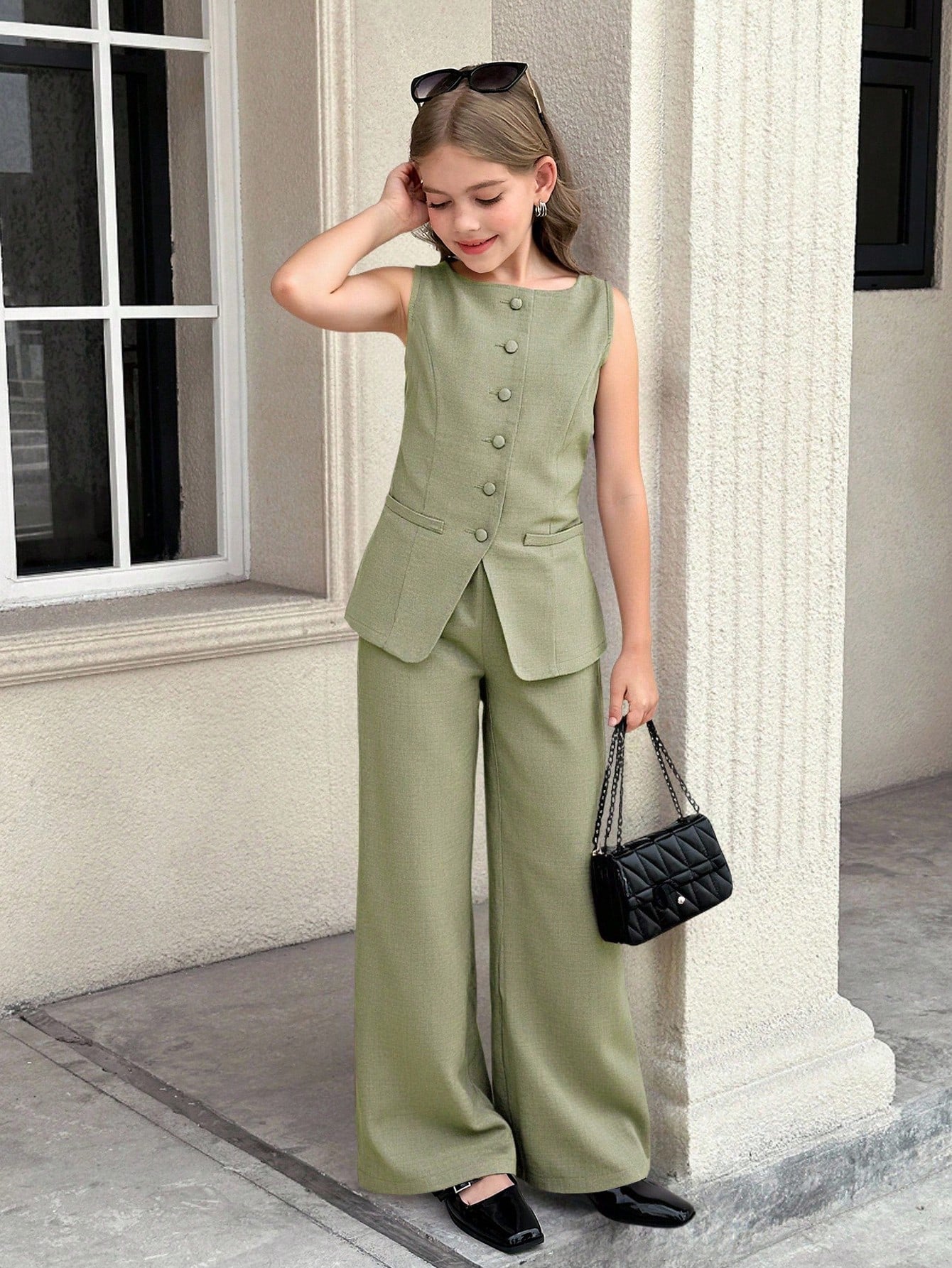 Striped Cropped Round Neck Sleeveless Button Front Vest Top And Straight Leg Pants Olive Green
