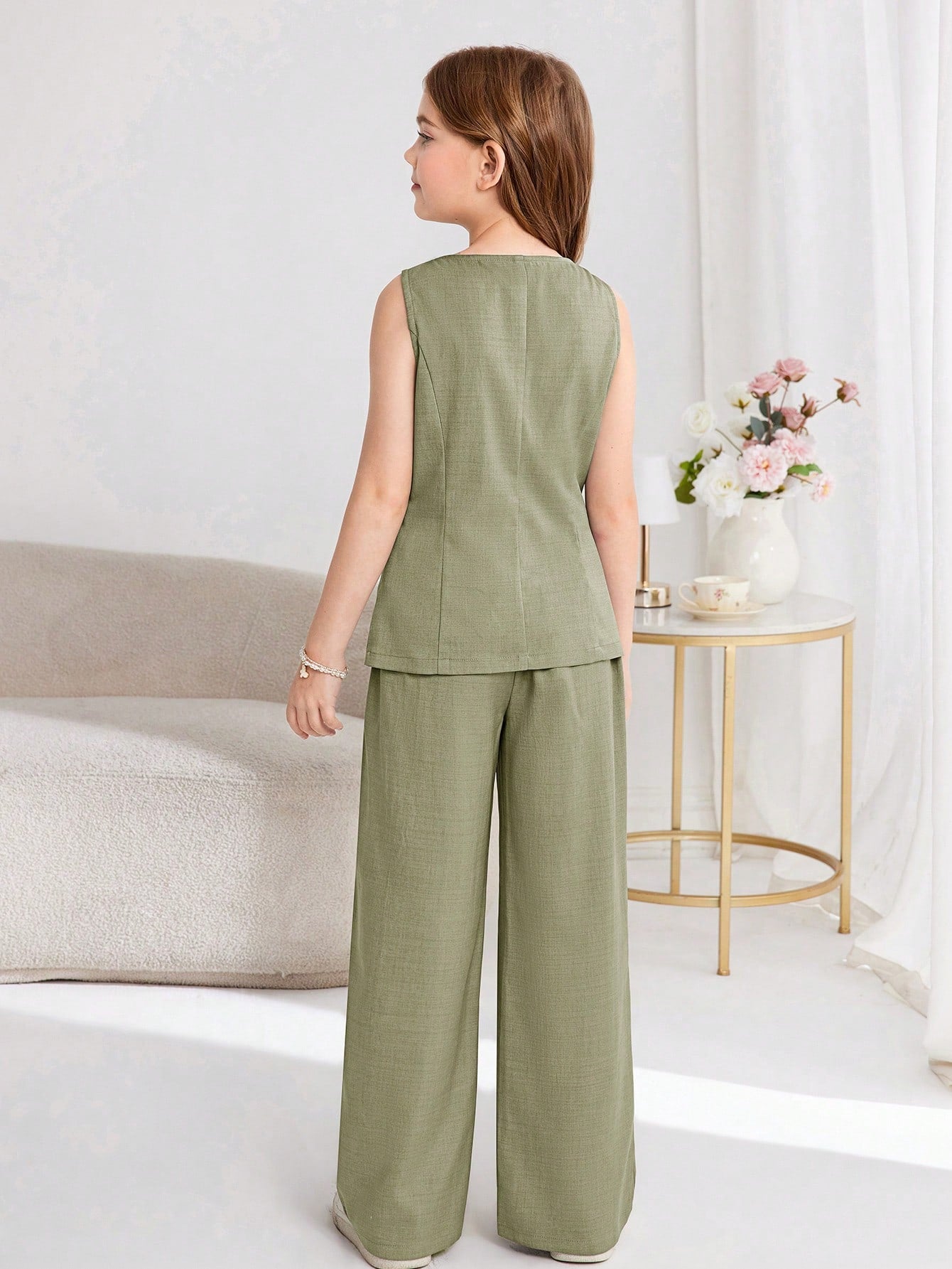 Striped Cropped Round Neck Sleeveless Button Front Vest Top And Straight Leg Pants