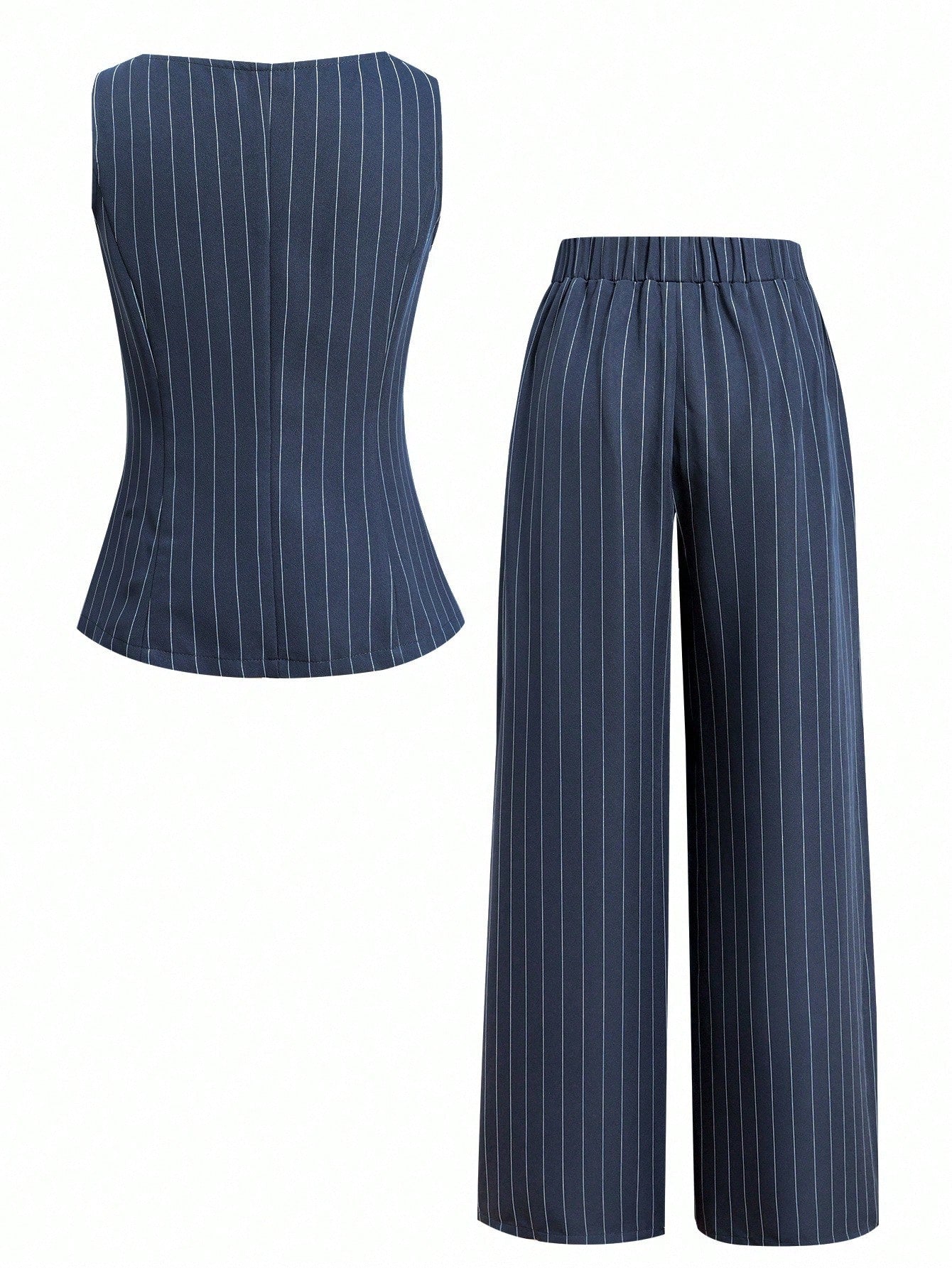Striped Cropped Round Neck Sleeveless Button Front Vest Top And Straight Leg Pants