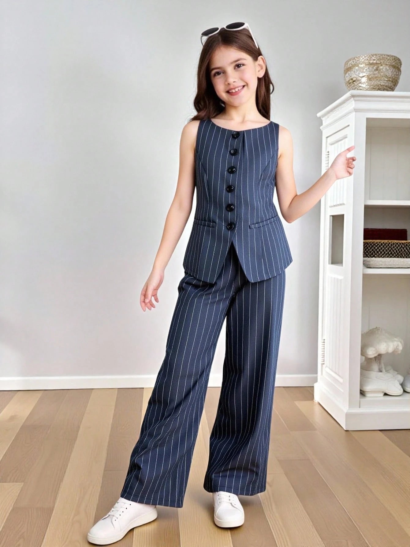 Striped Cropped Round Neck Sleeveless Button Front Vest Top And Straight Leg Pants Dark Grey