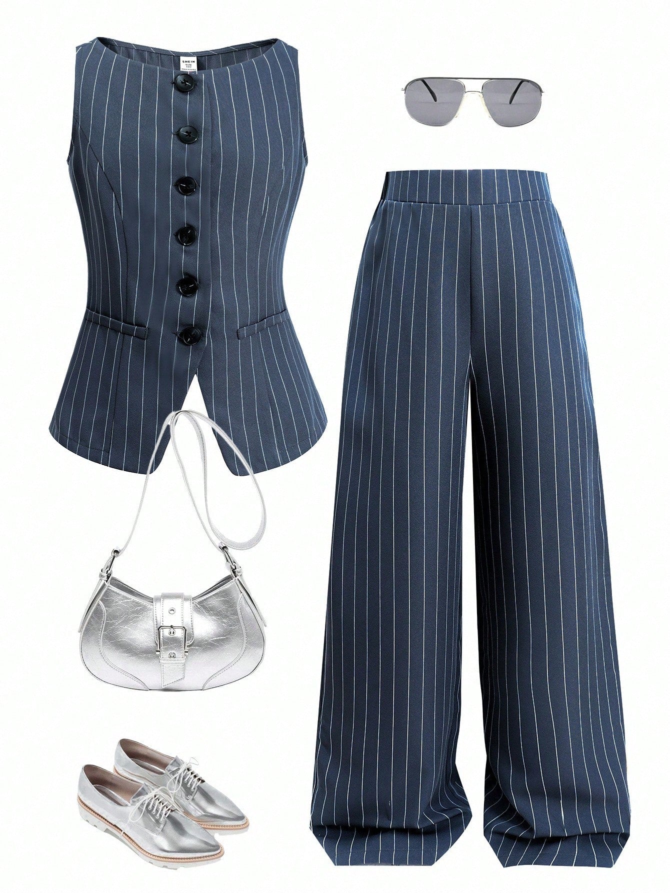 Striped Cropped Round Neck Sleeveless Button Front Vest Top And Straight Leg Pants