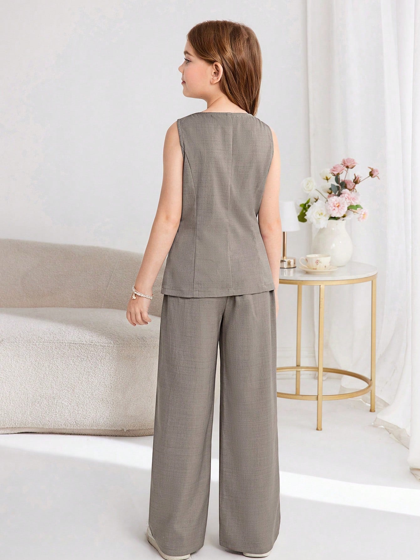 Striped Cropped Round Neck Sleeveless Button Front Vest Top And Straight Leg Pants