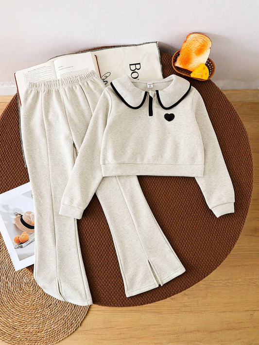 2pcs/Set Tween Girl Apricot Color Lapel Half-Zip Jacket & Flared Sweatpants Beige