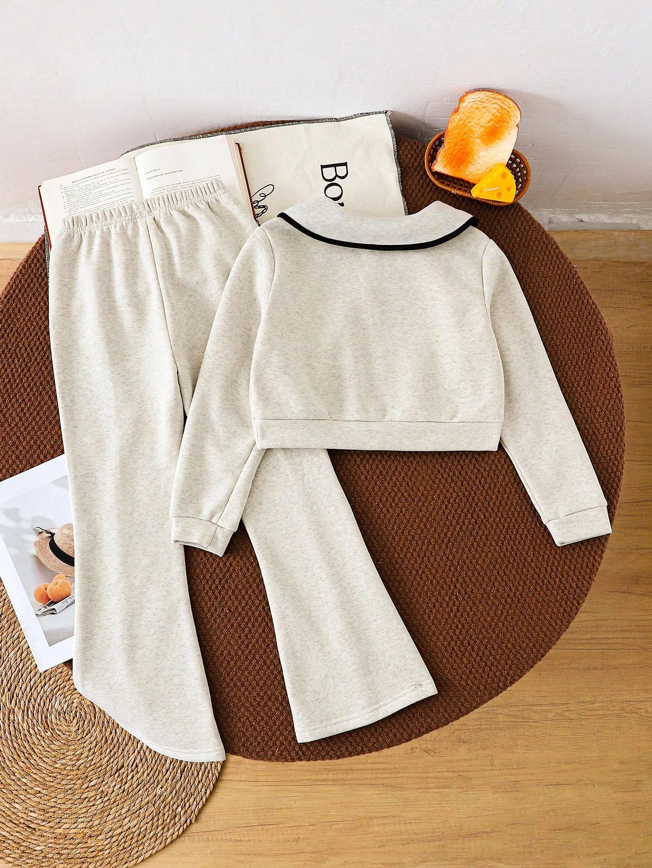 2pcs/Set Tween Girl Apricot Color Lapel Half-Zip Jacket & Flared Sweatpants