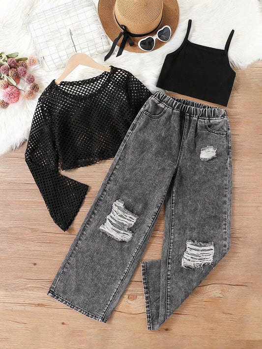 Round Collar Long Sleeve See-Through Top + Black Camisole + Elastic Waist Stonewashed Ripped Jeans Black