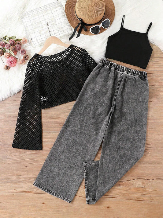 Round Collar Long Sleeve See-Through Top + Black Camisole + Elastic Waist Stonewashed Ripped Jeans