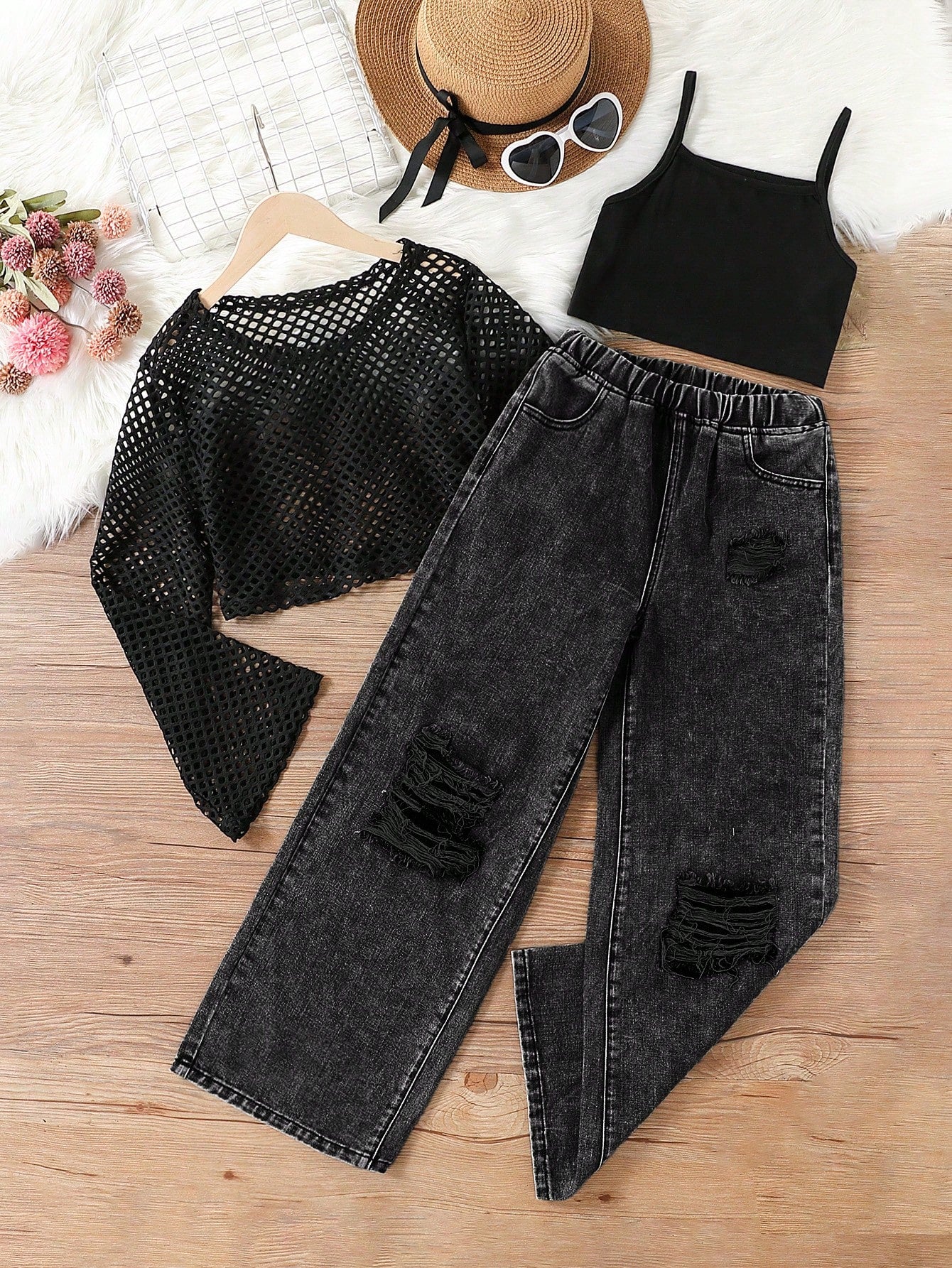Round Collar Long Sleeve See-Through Top + Black Camisole + Elastic Waist Stonewashed Ripped Jeans Dark Wash