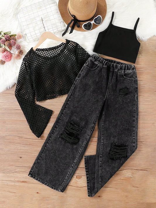 Round Collar Long Sleeve See-Through Top + Black Camisole + Elastic Waist Stonewashed Ripped Jeans Dark Wash