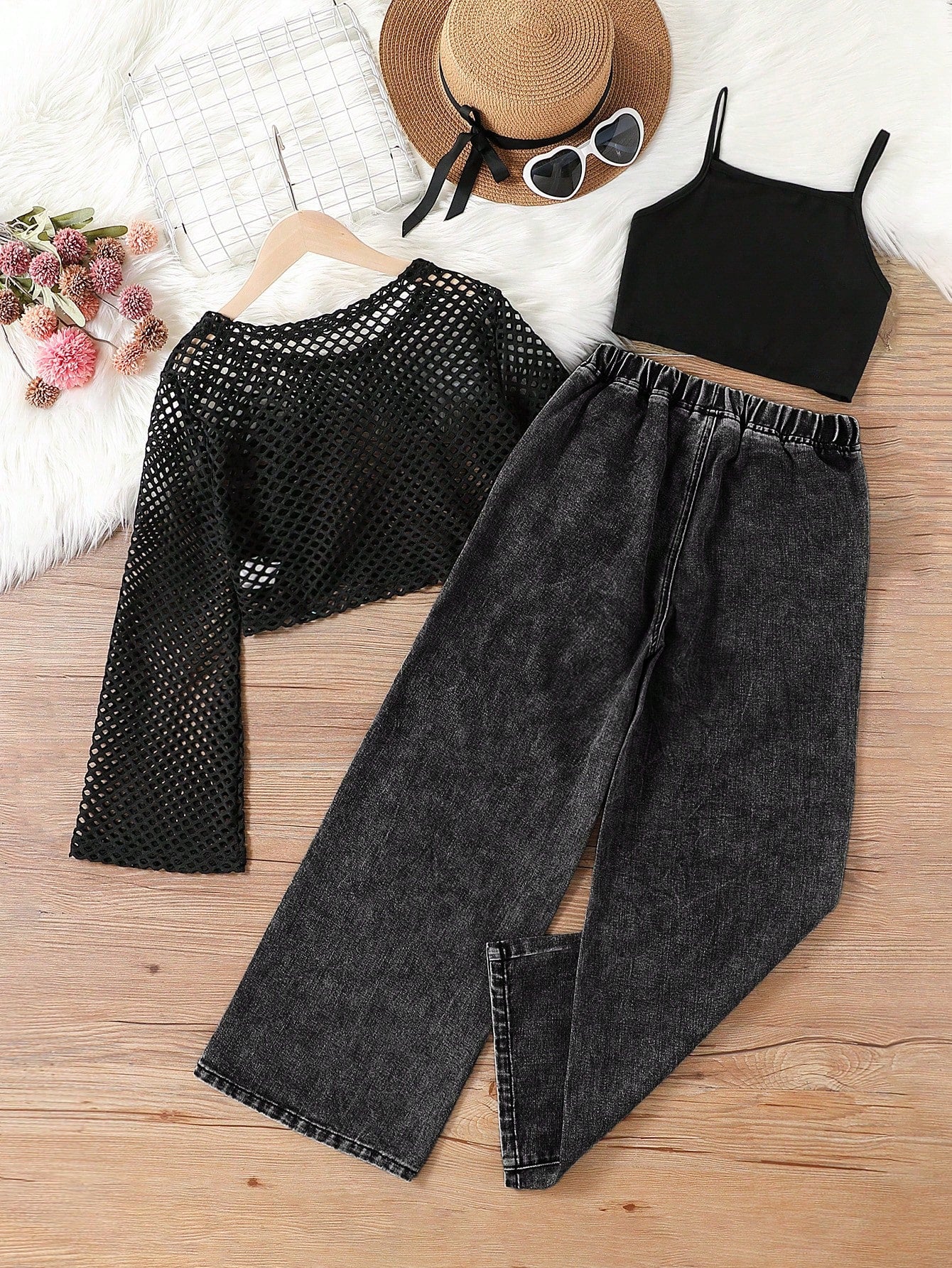 Round Collar Long Sleeve See-Through Top + Black Camisole + Elastic Waist Stonewashed Ripped Jeans