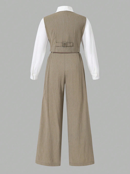 Tween Girl Fashion Commuter 2 In 1 Long Sleeve Shirt And Wide Leg Pants