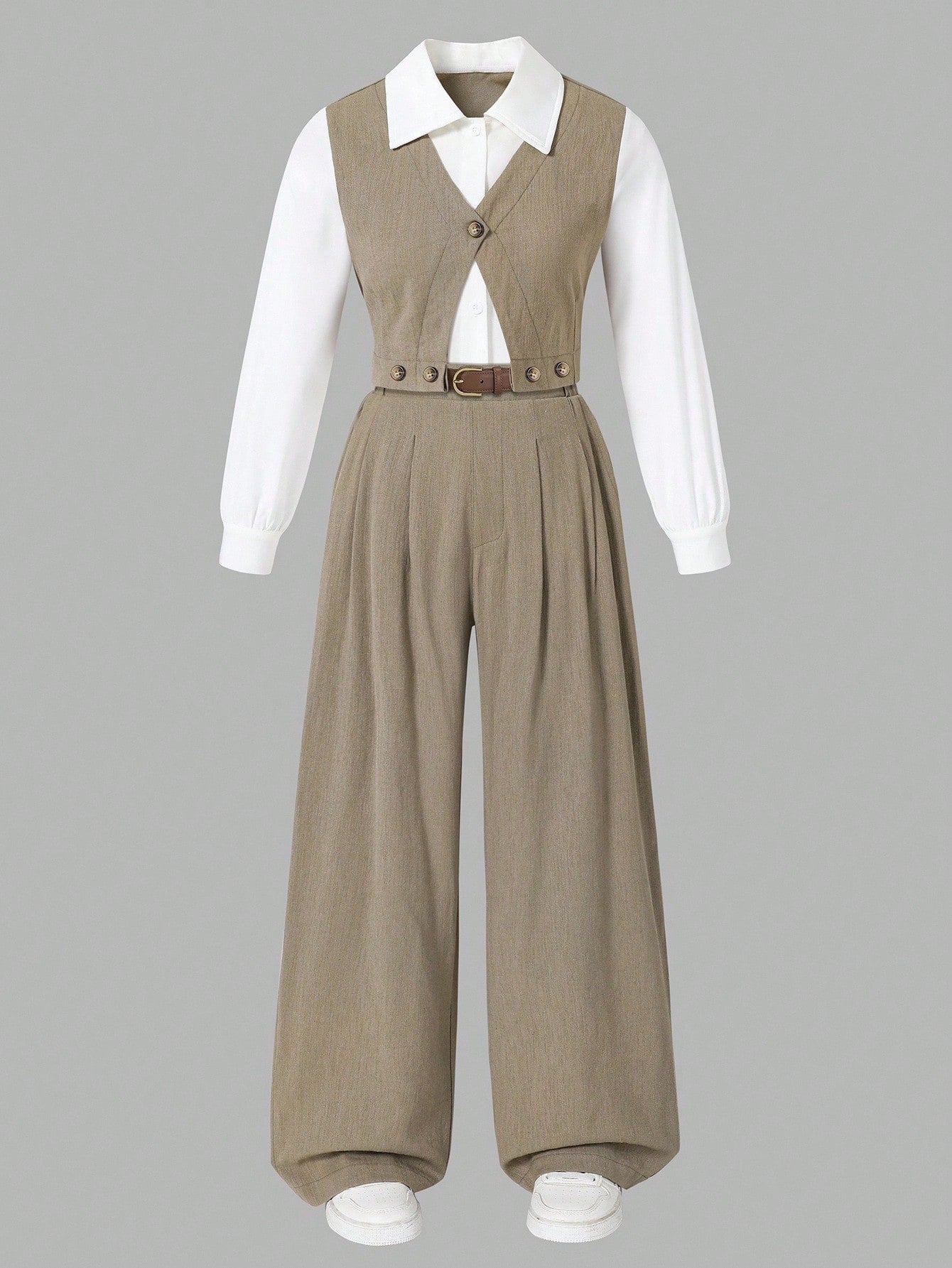 Tween Girl Fashion Commuter 2 In 1 Long Sleeve Shirt And Wide Leg Pants