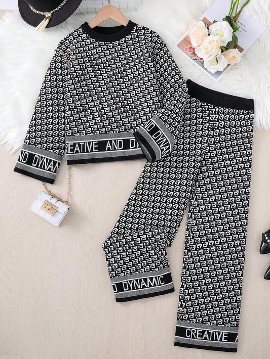 Tween Girl Fashionable Niche Alphabet Jacquard Design Suit Black & White