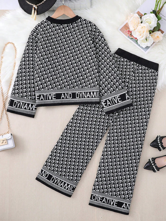 Tween Girl Fashionable Niche Alphabet Jacquard Design Suit