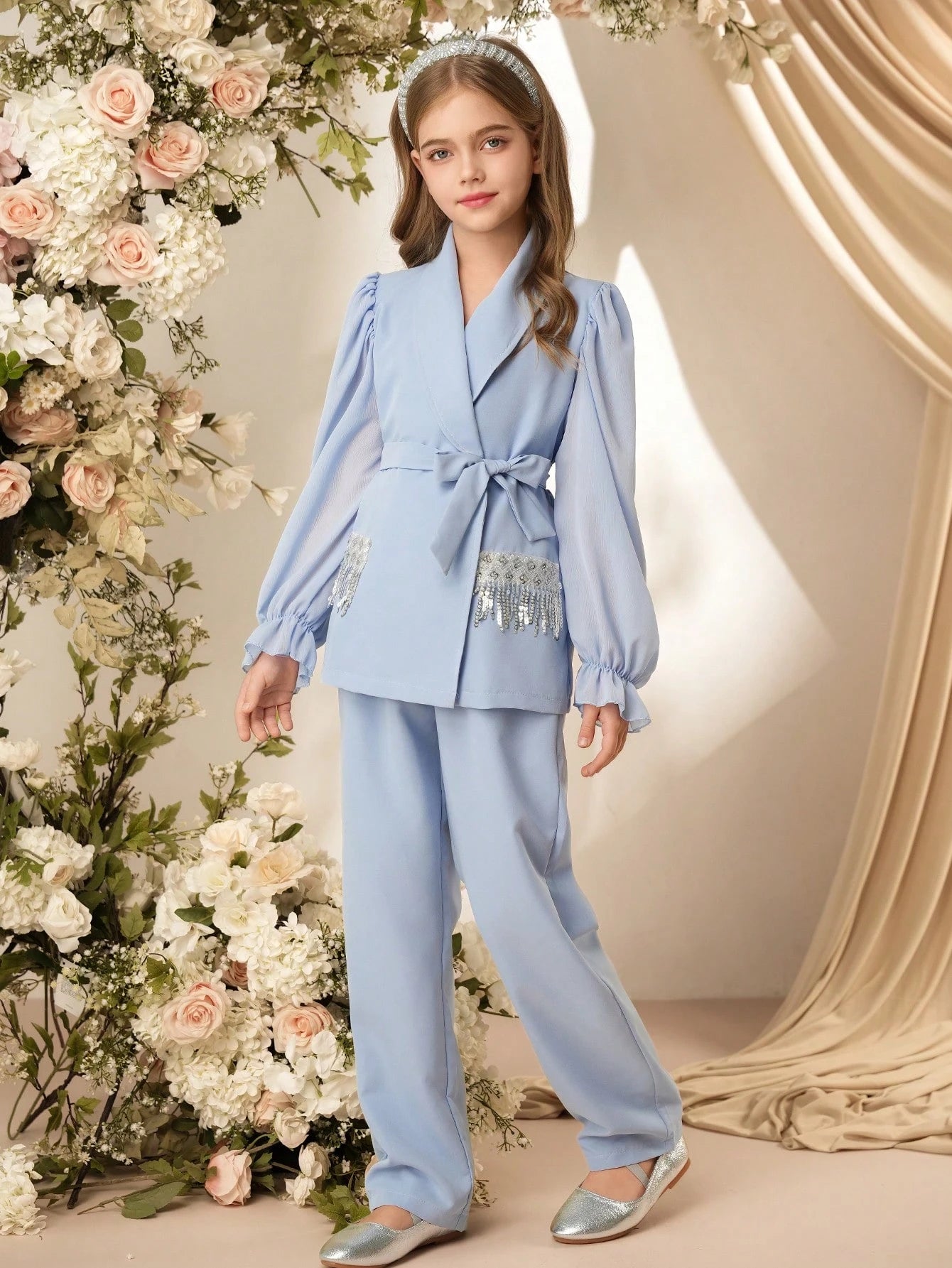 Tween Girl Festival Elegant Sequins & Tassel Decor Lantern Sleeve Tie Waist Blazer & Pants 11Y