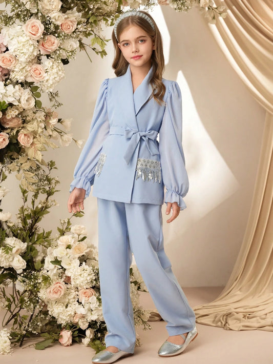 Tween Girl Festival Elegant Sequins & Tassel Decor Lantern Sleeve Tie Waist Blazer & Pants 11Y