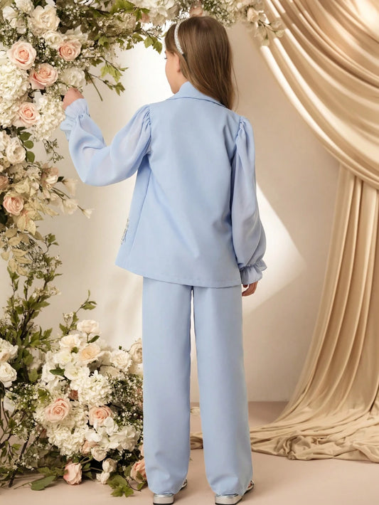 Tween Girl Festival Elegant Sequins & Tassel Decor Lantern Sleeve Tie Waist Blazer & Pants
