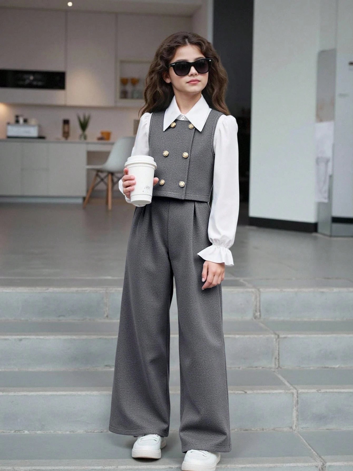 Tween Girl Flare Sleeve Collared Shirt + Cardigan Vest + Pants Grey
