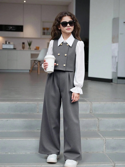 Tween Girl Flare Sleeve Collared Shirt + Cardigan Vest + Pants Grey