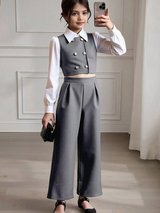 3pcs Tween Girl Outfit : Collared Shirt + Cardigan Vest + Pants Set Grey