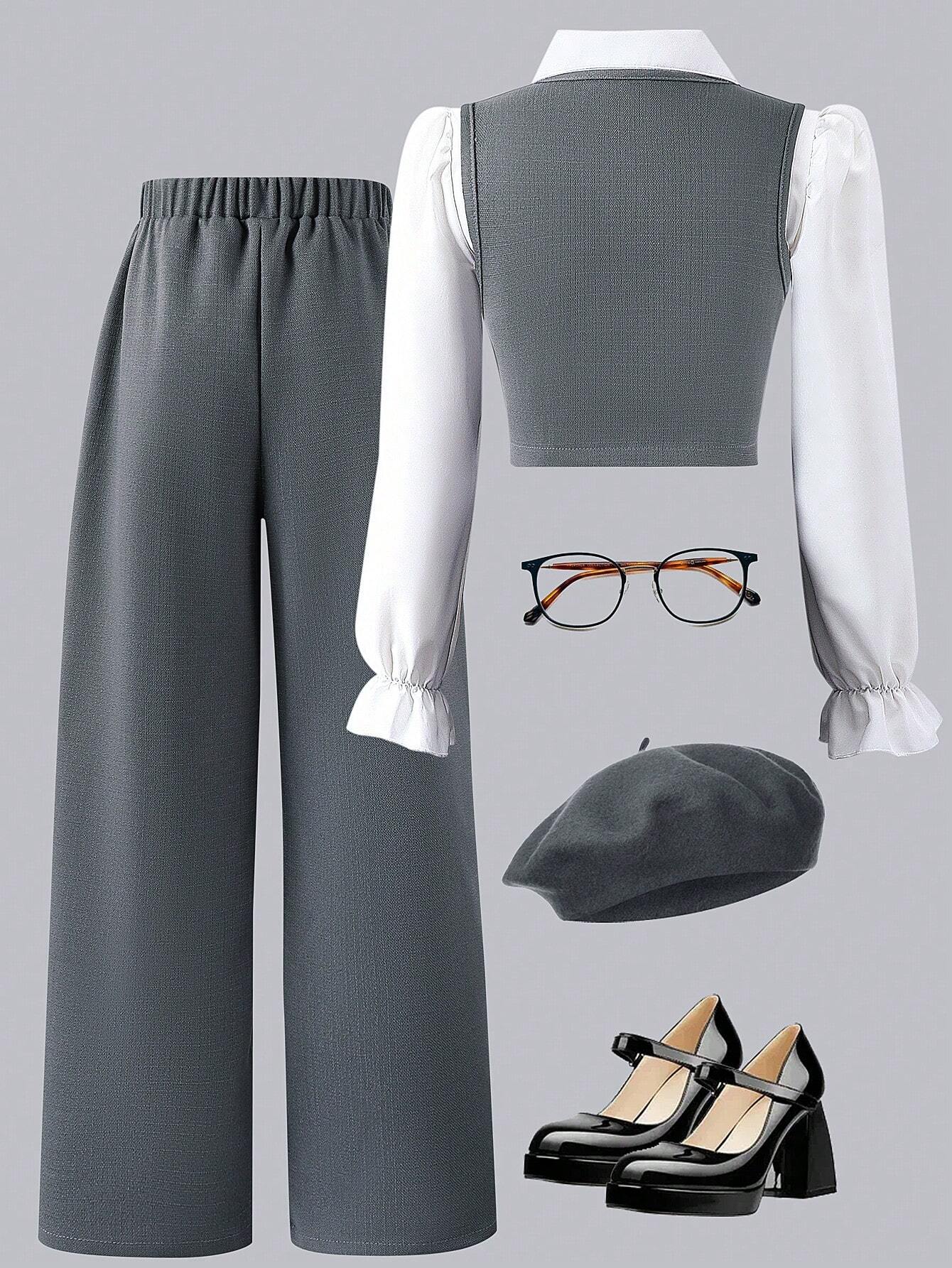 Tween Girl Flare Sleeve Collared Shirt + Cardigan Vest + Pants