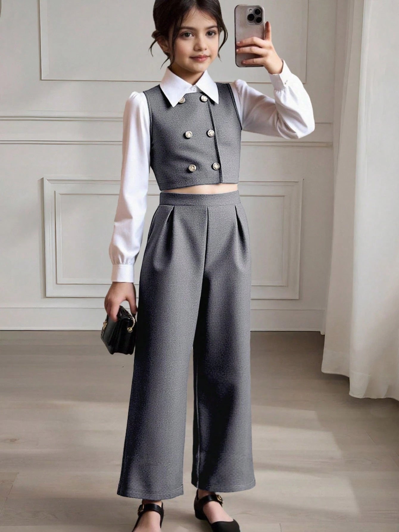 Tween Girl Flare Sleeve Collared Shirt + Cardigan Vest + Pants