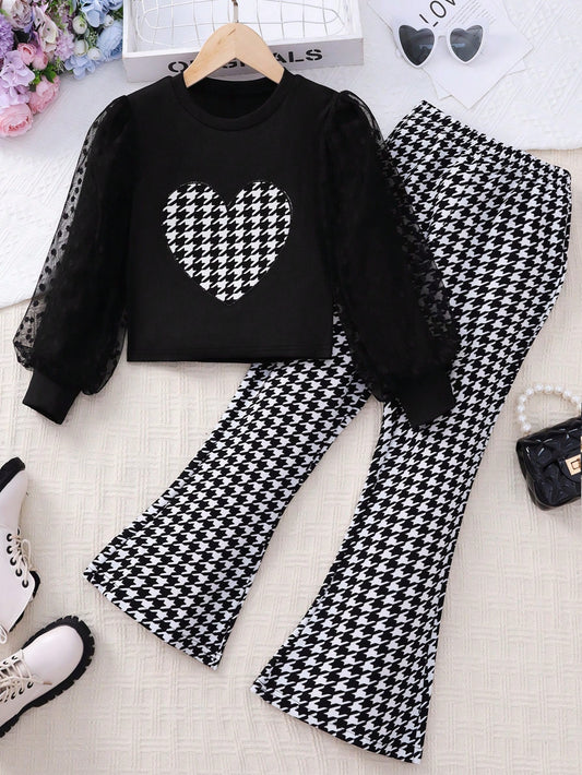 Tween Girl Houndstooth Print Contrast Mesh Lantern Sleeve Tee & Flare Leg Pants Black