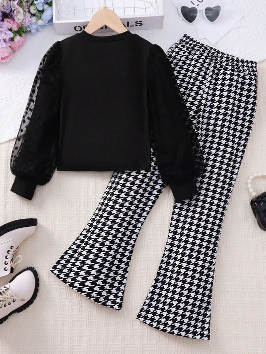Tween Girl Houndstooth Print Contrast Mesh Lantern Sleeve Tee & Flare Leg Pants