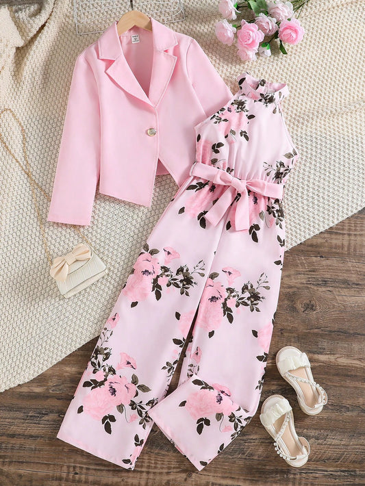 Tween Girl Solid Color Lapel Collar Long Sleeve Coat And Floral Print Halter Wide Leg Jumpsuit