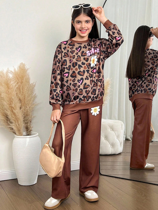 Tween Girl Loose Casual Minimalist Comfortable Crew Neck Sweatshirt And Pants Khaki