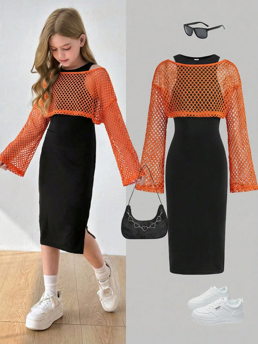 Tween Girls' Solid Color Knit Narrowed Shoulder Fitted Long Casual Dress + Loose Net Gauze Cover Up