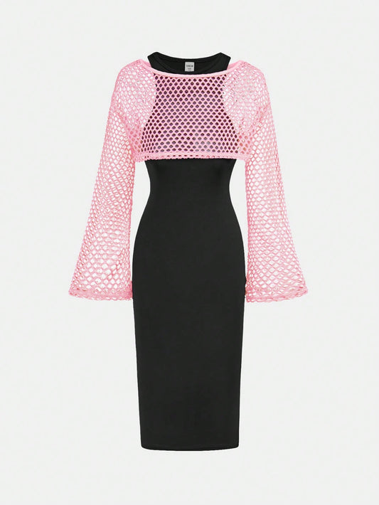 Tween Girl Knit Slim Fit Long Dress With Mesh Cover Up 2pcs Set