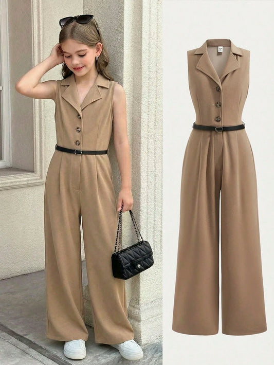 Tween Girls Casual Woven Solid Color Crew Neck Sleeveless Jumpsuit