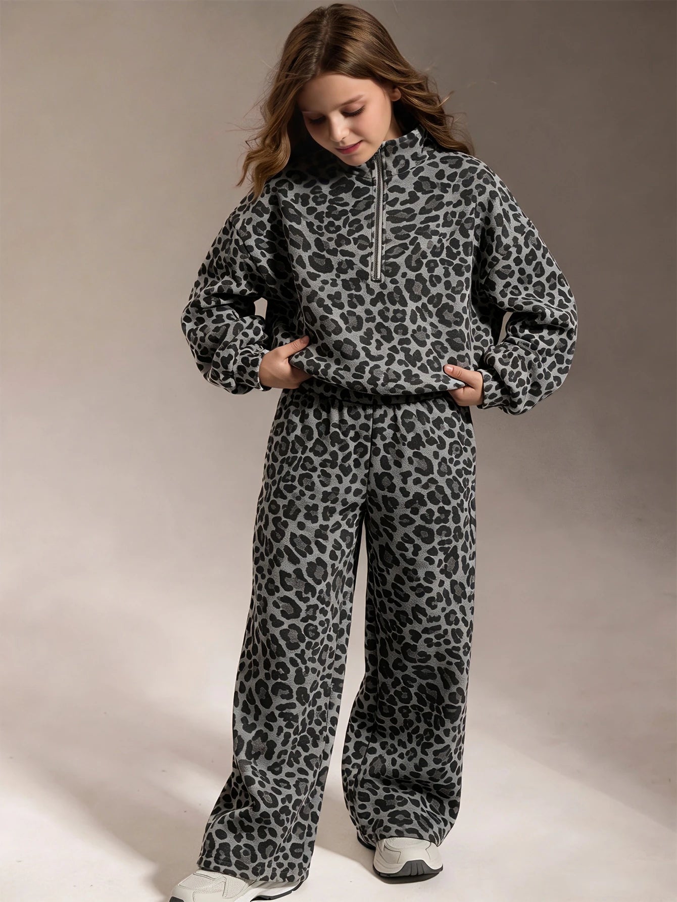 Leopard Print, Half-Zip Oversized Athletic Sweatshirt Wide Leg Pants