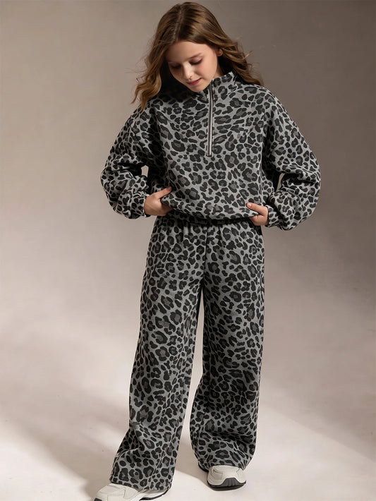 Leopard Print, Half-Zip Oversized Athletic Sweatshirt Wide Leg Pants