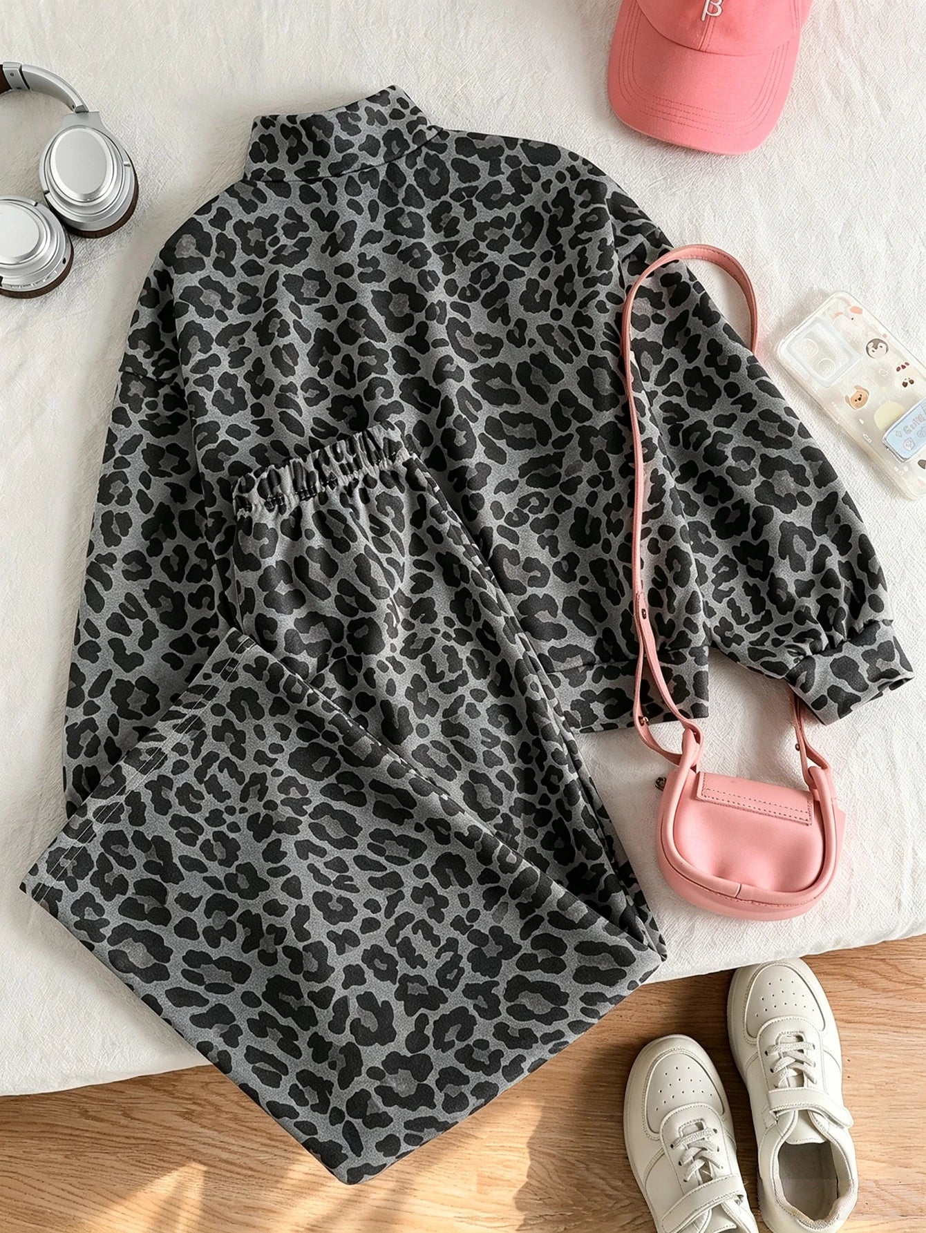 Leopard Print, Half-Zip Oversized Athletic Sweatshirt Wide Leg Pants