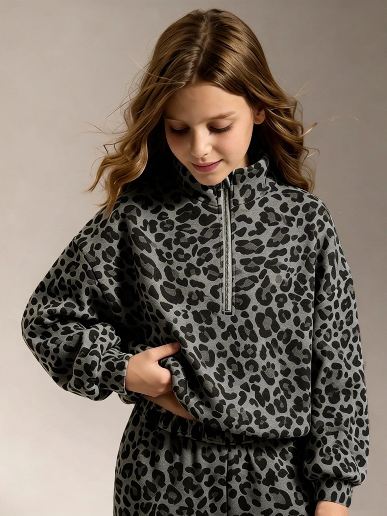 Leopard Print, Half-Zip Oversized Athletic Sweatshirt Wide Leg Pants