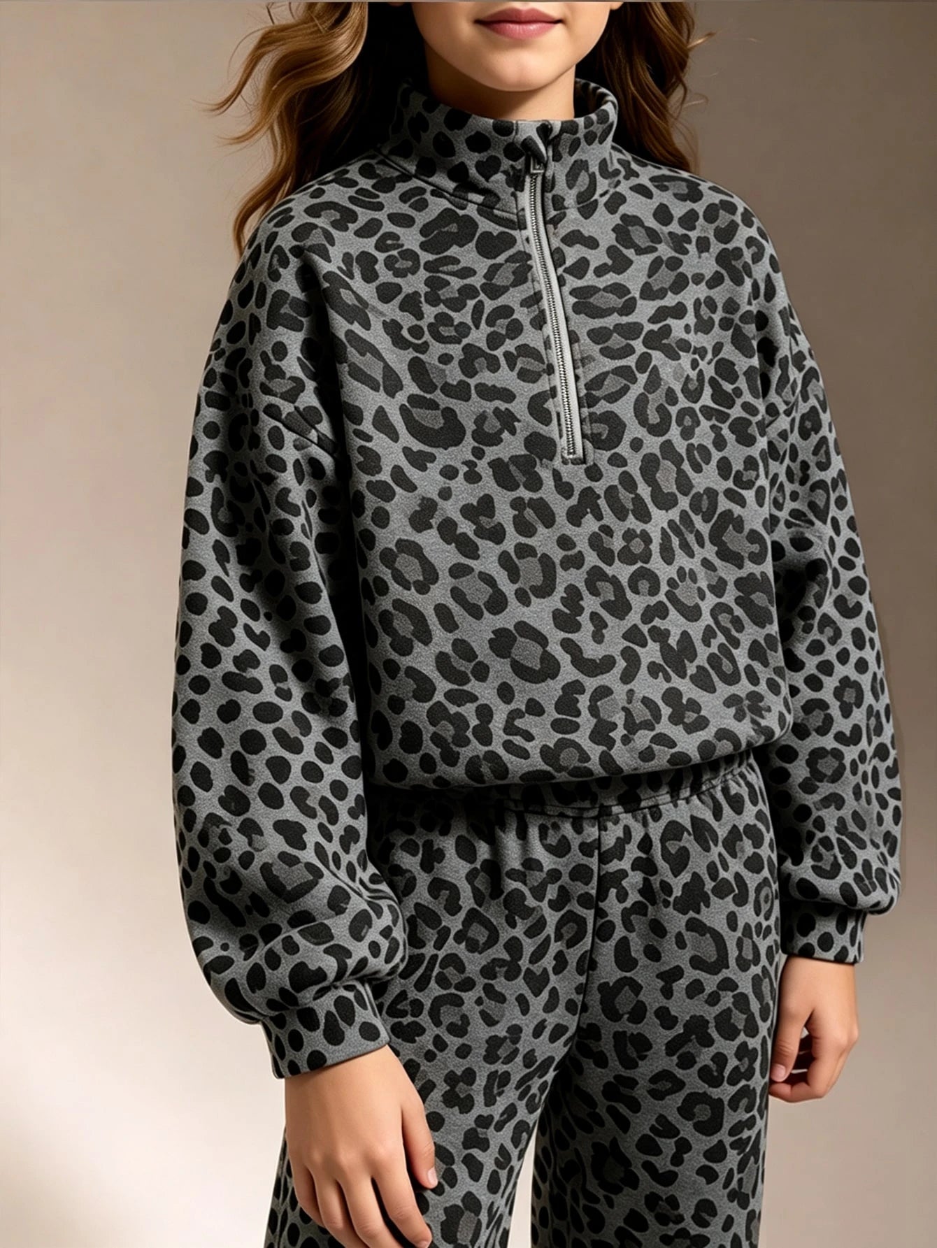 Leopard Print, Half-Zip Oversized Athletic Sweatshirt Wide Leg Pants