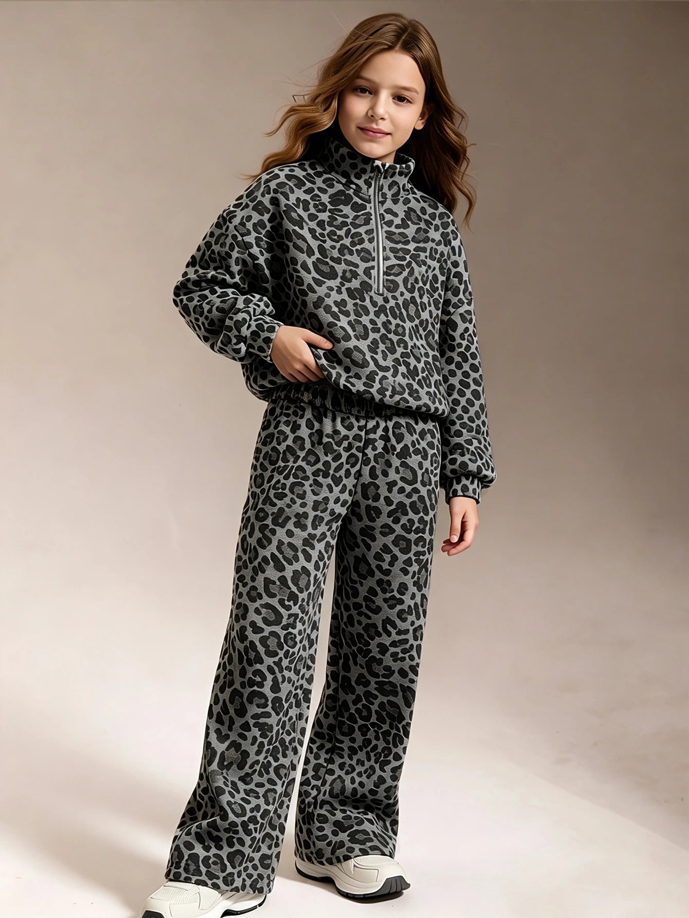 Leopard Print, Half-Zip Oversized Athletic Sweatshirt Wide Leg Pants
