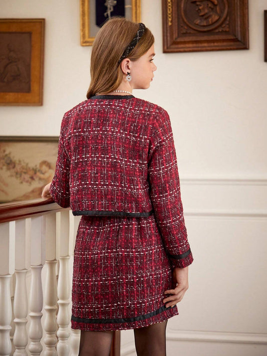 Tween Girls 2-Piece Set: Warm Plaid Jacket With Bow & Skirt