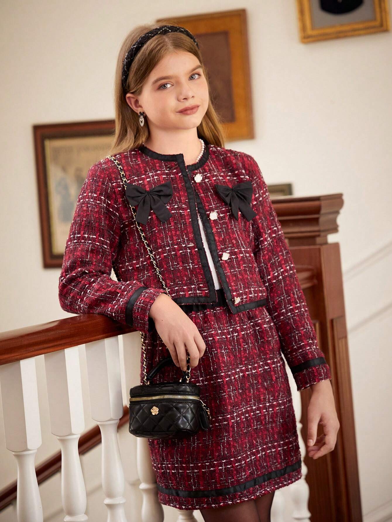 Tween Girls 2-Piece Set: Warm Plaid Jacket With Bow & Skirt