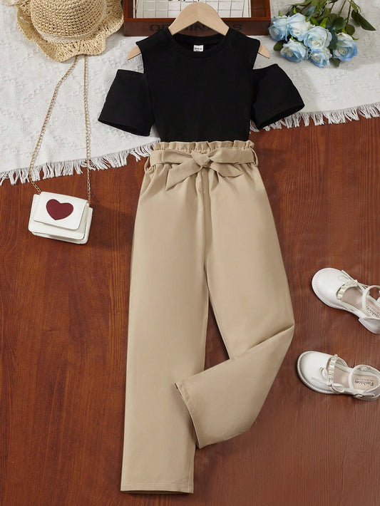 2pcs/Set Round Neck Cold Shoulder Tee & Paperbag Waist Belted Pants