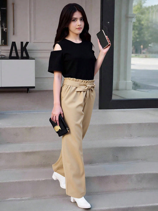 2pcs/Set Round Neck Cold Shoulder Tee & Paperbag Waist Belted Pants