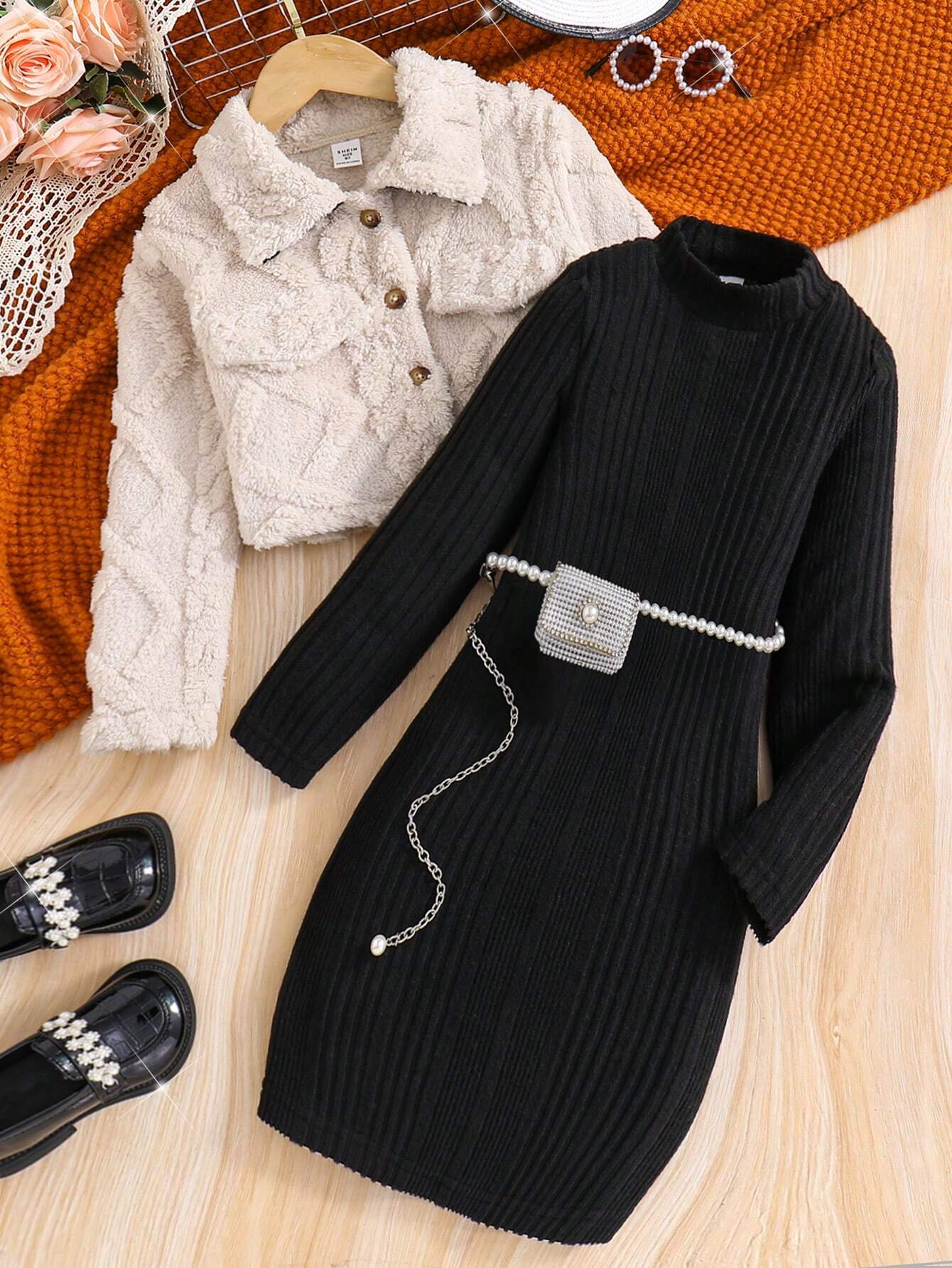 Warm Plush Coat + Mid-Neck Knitted Brushed A-Line Skirt